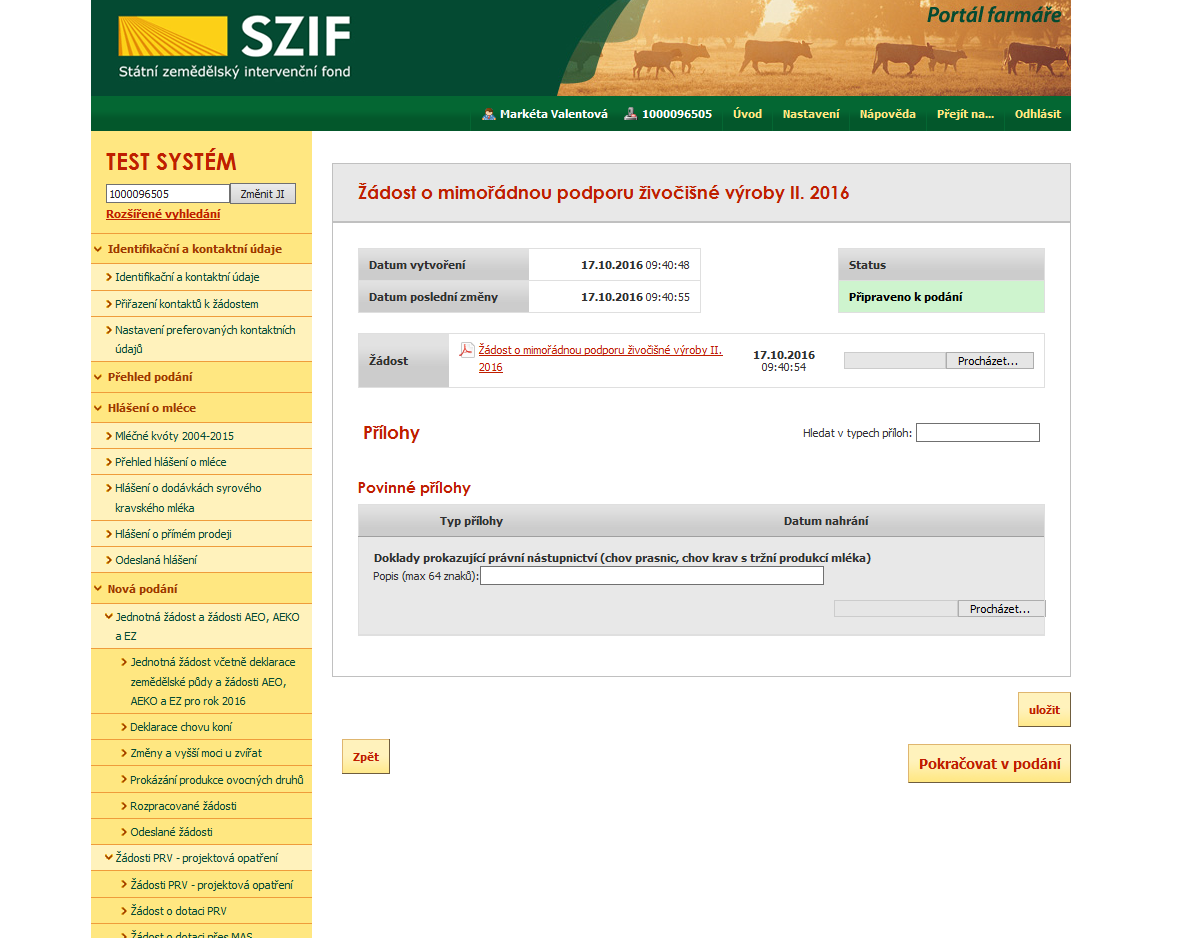 b) Žadatel klikne na pdf přílohu Žádost o mimořádnou podporu živočišné výroby II. 2016.