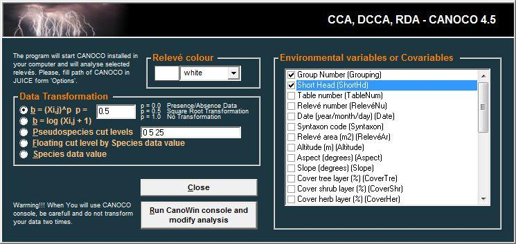 Obr. 4: Nastavení vstupních dat pro přímou gradientovou analýzu. Tlačítko Run CanoWin console and modify analysis nás přepne do programu CANOCO.