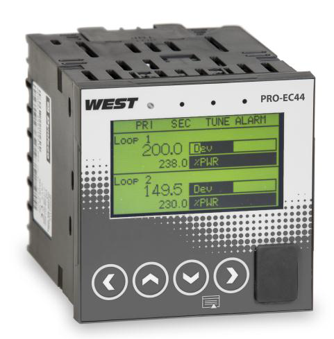 WEST Control Solutions PRO EC44 Jedno- nebo dvousmyčkový procesní regulátor s grafickým displejem Formát ¼ DIN, jedna nebo dvě regulační smyčky Zřetelný dvoubarevný LC displej pro grafiku a texty