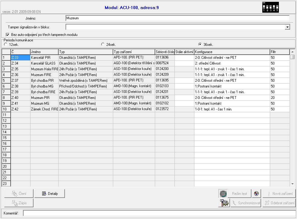 SATEL ACU-270 11 Pro každou skupinu 8 zón/výstupů je rezervovaná jedna adresa na expandérové sběrnici. Kontrolér může zabrat až 6 adres podle počtu skupin.