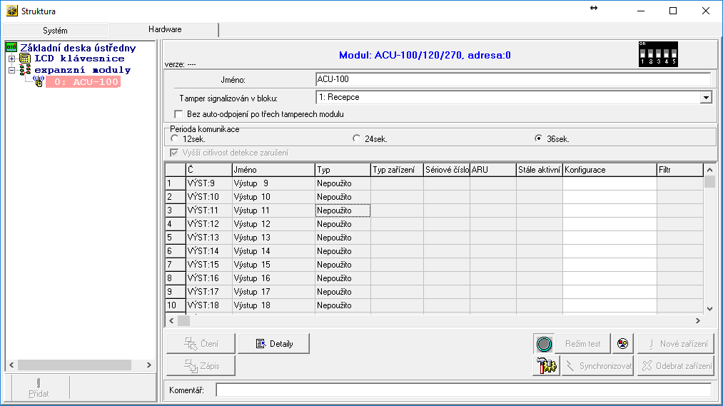 SATEL ACU-270 7 programu DLOADX: INTEGRA / INTEGRA Plus v okně Struktura, záložka Hardware, po kliknutí na jméno kontroléru v seznamu zařízení (Obr.