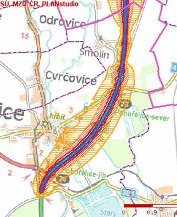 Obr.: Strategická hluková mapa silnic Zdroj: Cenia 2010 Hluk z R52 noc (hluková izofona