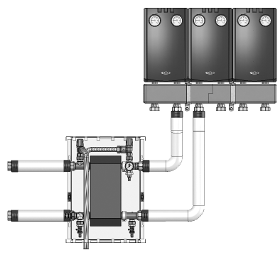 Oddělovací systém pro kotle 02 Primární sestava tepelného výměníku Oddělovací systém namontován na základní desce a otestován s krytem, tepelně izolovaným tepelným výměníkem, integrovanými pojistnými