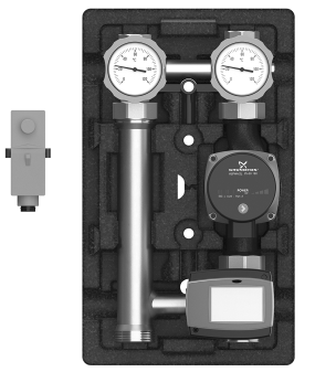 Čerpadlové skupiny speciální 02 Čerpadlové skupiny s ekvitermní regulací Kompletní sestava s oběhovým čerpadlem (180 mm) s připojovacím kabelem 2 m, dva trojcestné kulové kohouty (jeden s ručně