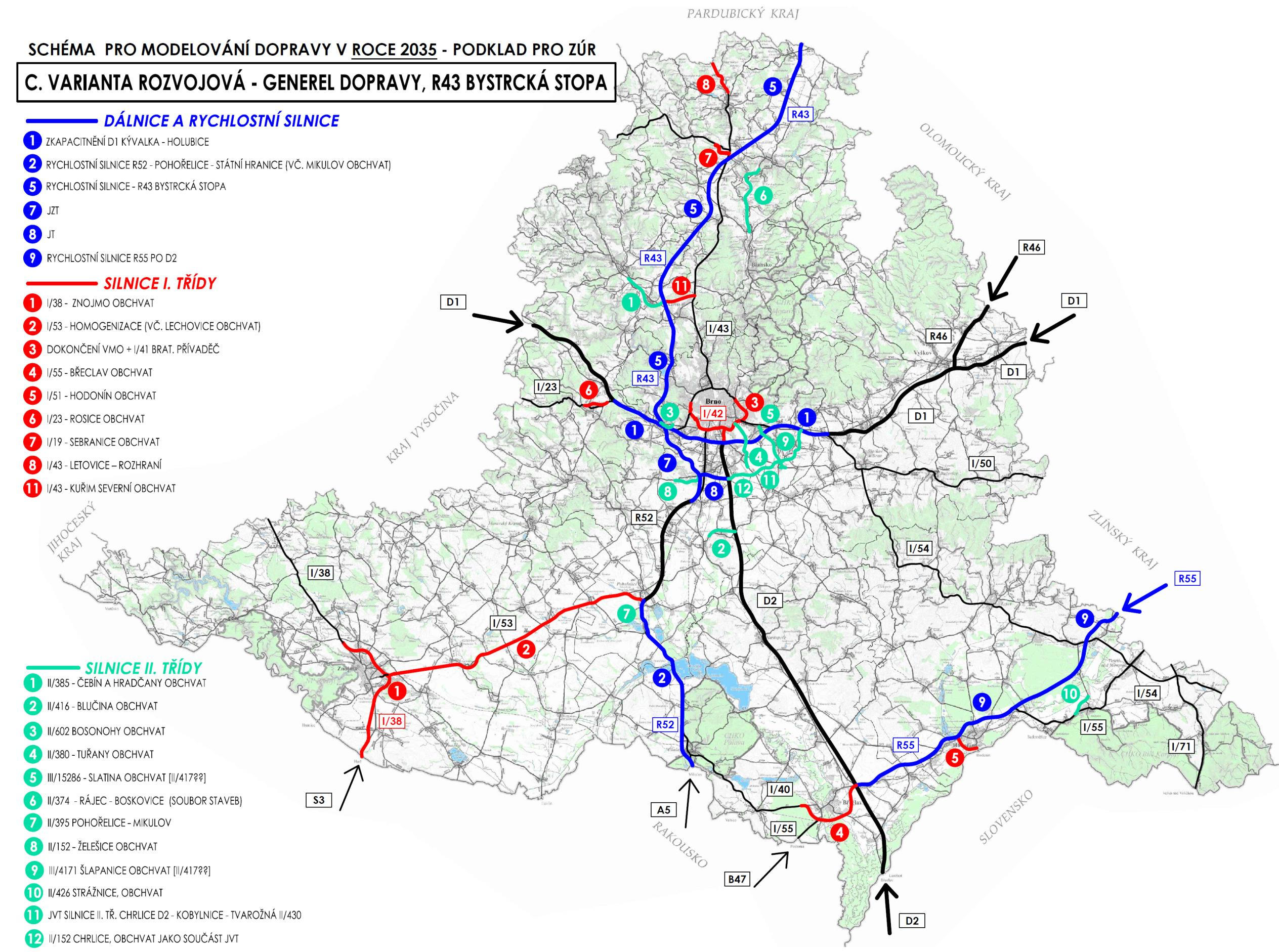 3.3 VARIANTA C ROZVOJOVÁ GENEREL DOPRAVY, R43 BYSTRCKÁ STOPA V rámci této varianty bude zmodelována dlouhodobě sledovaná koncepce Generelu dopravy s realizací komunikačního systému v Brněnské