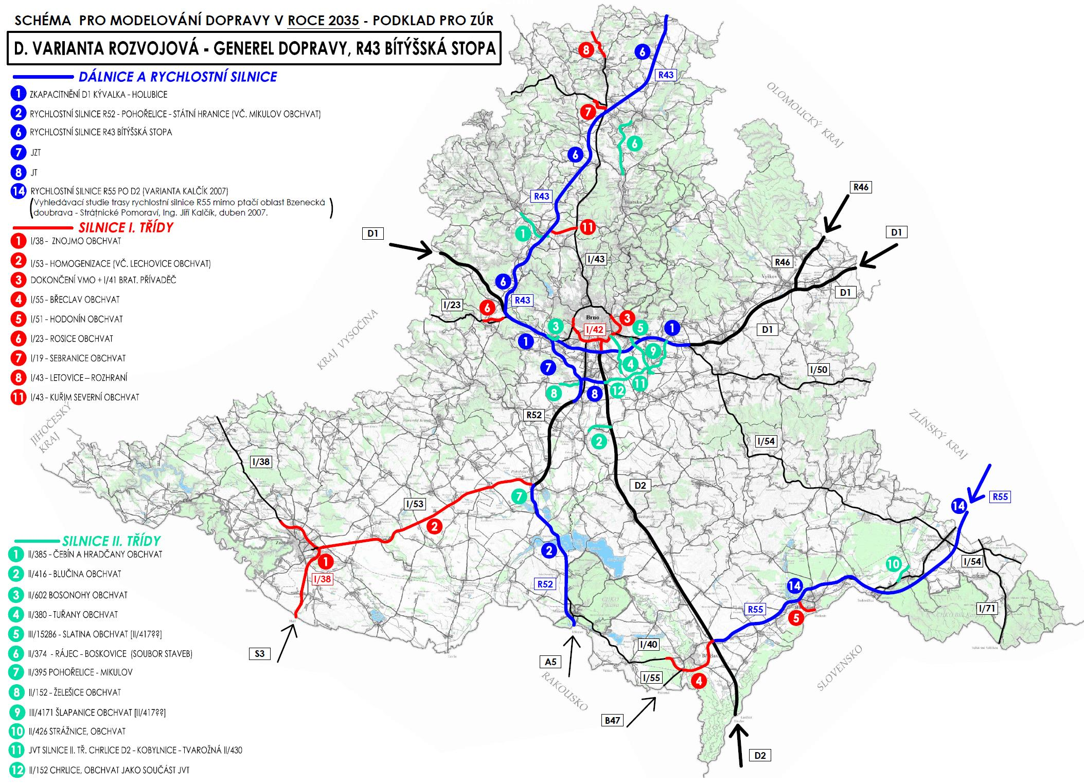 3.4 VARIANTA D ROZVOJOVÁ GENEREL DOPRAVY, R43 BÍTÝŠSKÁ STOPA, R55 KALČÍK Varianta D ja variantou s kompletním řešením komunikační sítě dle Generelu dopravy s navazujícími úseky rychlostních silnic a