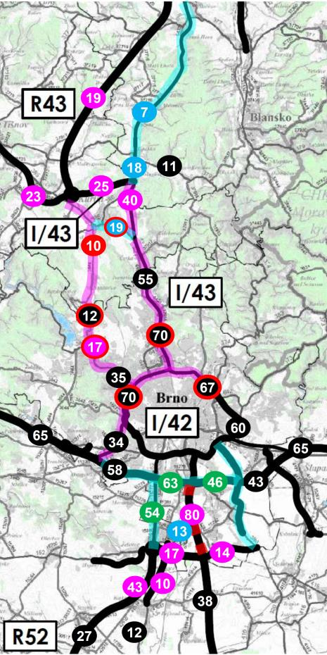 R43 je ukončena dle Dokumentace EIA na prostřední úsek R43 tzv. severním obchvatem města Kuřim a radiálním tahem po dnešní I/43 na Velký městský okruh v Brně.