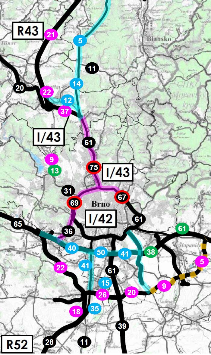 4.8 PODVARIANTA C3 Návrh řešení Podvarianty C3 mění charakter dopravy především v severní části brněnské aglomerace. Je vynechána jižní část R43 mezi dálnicí D1 a Kuřimí (sil. II/385).