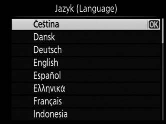X 8 Vyberte požadovaný jazyk a nastavte hodiny fotoaparátu. Pomocí multifunkčního voliče a tlačítka J vyberte jazyk a nastavte hodiny fotoaparátu.