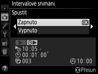 4 Vyberte počet intervalů. Stisknutím tlačítek 4 a 2 vyberte počet intervalů (tj. počet expozic); stisknutím tlačítek 1 a 3 změňte nastavení. Pokračujte stisknutím tlačítka 2. 5 Začněte fotografovat.