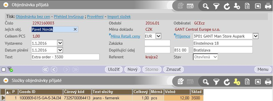 Zobrazí sa zoznam extra objednávok, ktoré vyhovujú kritériám filtra. V hornej polovici obrazovky sú zobrazené hlavičky dokladov a v spodnej polovici položky dokladov EO.