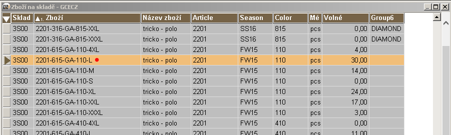 4. Zobrazí sa zoznam tovaru vyhovujúci filtru, ktorý sa nachádza na sklade 3S00 (resp. 3S10). Zobrazený je i počet voľných kusov, t. j. počet kusov, ktoré možno objednať. 5.