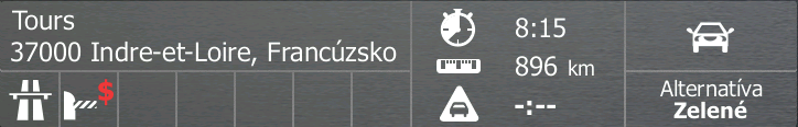 Výstražné ikony (ak sú). Poskytujú dodatočné informácie o trase (napr. nespevnené cesty alebo spoplatnené cesty na trase). Celkový čas trasy. Celková dĺžka trasy.