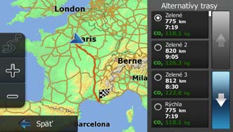 4. Ťuknite na tlačidlo. 5. Zobrazia sa základné podrobnosti o troch alternatívnych trasách s vybratou metódou plánovania trasy. Ťuknutím sa príslušná trasa zobrazí na mape. 6.