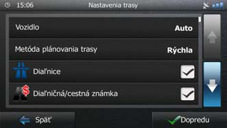 6. V prípade potreby upravte predvolené možnosti plánovania trasy. Neskôr ich môžete zmeniť v ponuke Nastavenia trasy (blok 79). 7. Počiatočné nastavenie je teraz dokončené.