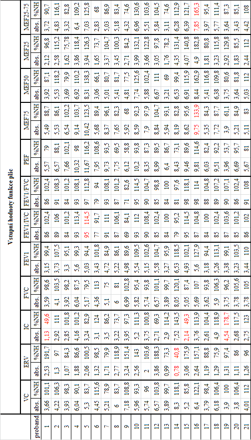 Příloha č. 2: Data ze vstupního spirometrického měření (abs.