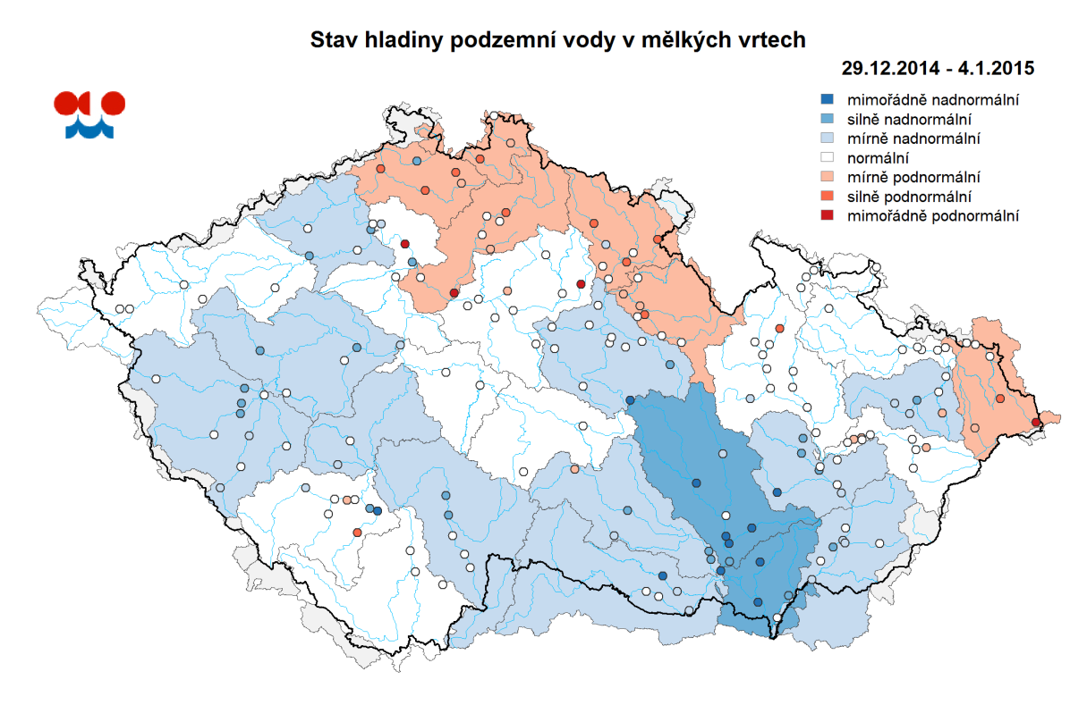 Mapa ukazuje stav podzemní vody ve sledovaných vrtech a oblastech povodí dle pravděpodobnosti překročení úrovně hladin v daném kalendářním měsíci v referenčním období 1981 2010 (viz text).