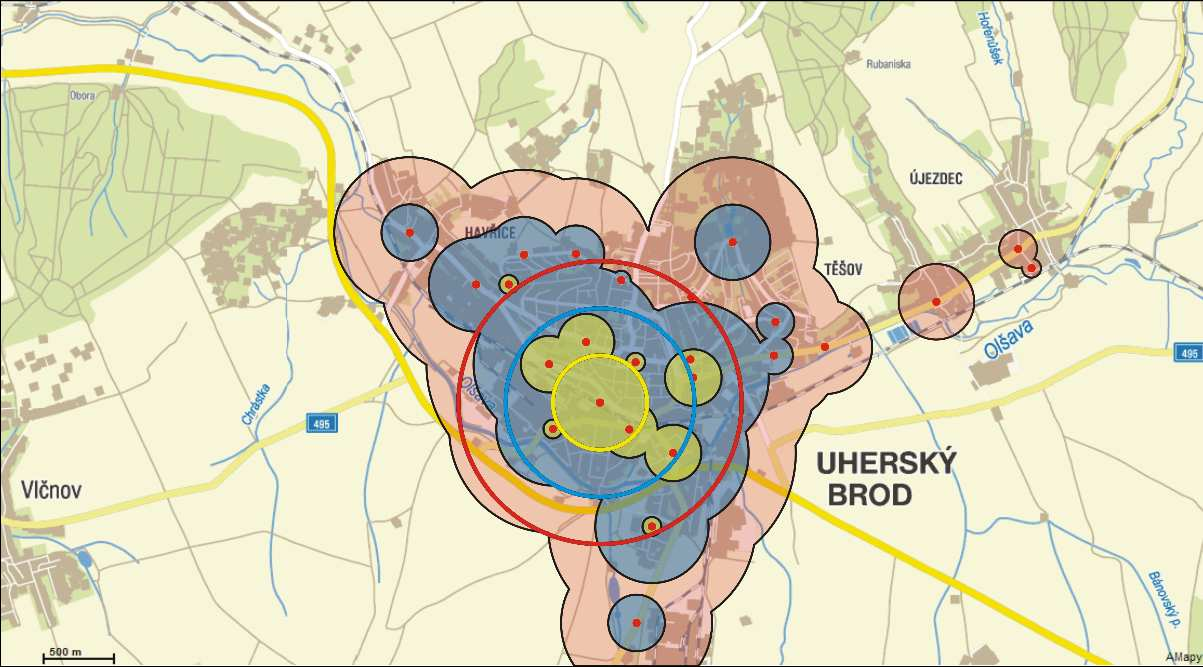 4.4 Časová dostupnost tarifního bodu Uherský Brod, žel. st. v navrhovaném stavu Časová dostupnost tarifního bodu Uherský Brod, žel. st., jakožto plánovaného hlavního přestupního bodu na území Uherského Brodu, je vyjádřením kvality dopravní obsluhy města veřejnou dopravou.