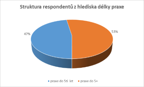 U dotazované skupiny respondentů se praxe pohybovala v intervalu od 0let (minimum) po 32let (maximum).