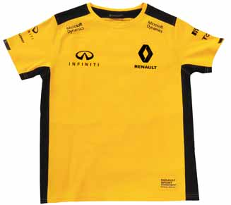 Raven kroj. Všitki na ramenih in ob straneh v kontrastni barvi. Oznake: natisnjeni logotipi znamke Renault in pokroviteljev. Tkana etiketa v barvah francoske zastave. Rumena.