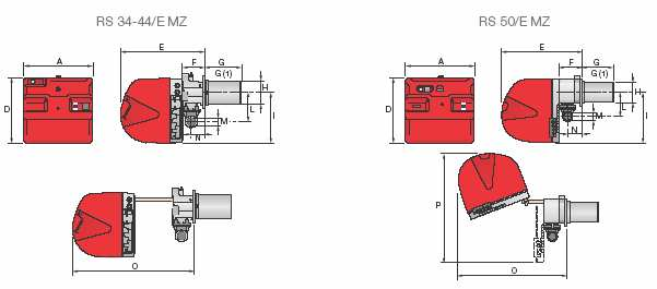 CELKOVÉ ROZMĚRY Hořák Model A D E F G-G(1) H I L M N O P RS 34/E MZ 442 422 508 138 216-351 140 305 177 1 1/2 84 780 - RS 44/E MZ 442 422 508 138 216-351 152 305 177 1 1/2 84 780 - RS 50/E MZ 476 474