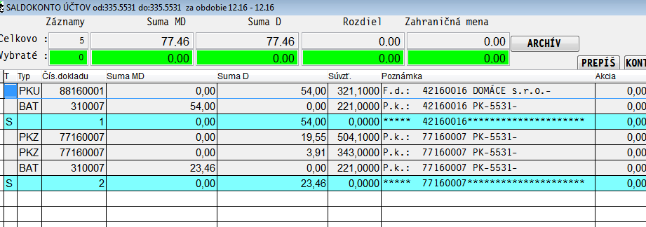 Príklad párovania účtu 335.