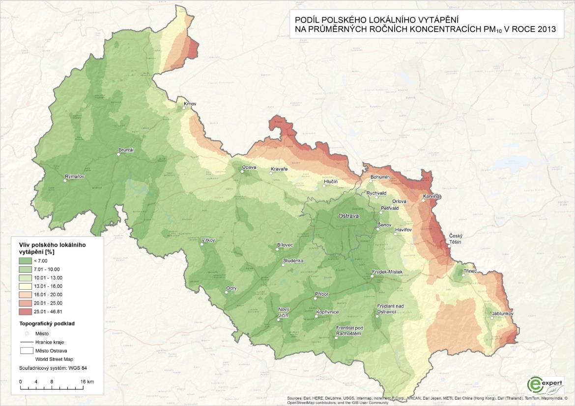 Lokální vytápění: Nejvyšší vliv má lokální vytápění na Bruntálsku. Můžeme zde nalézt místa, ve kterých je podíl lokálního vytápění na celkové imisní zátěži až 75%.