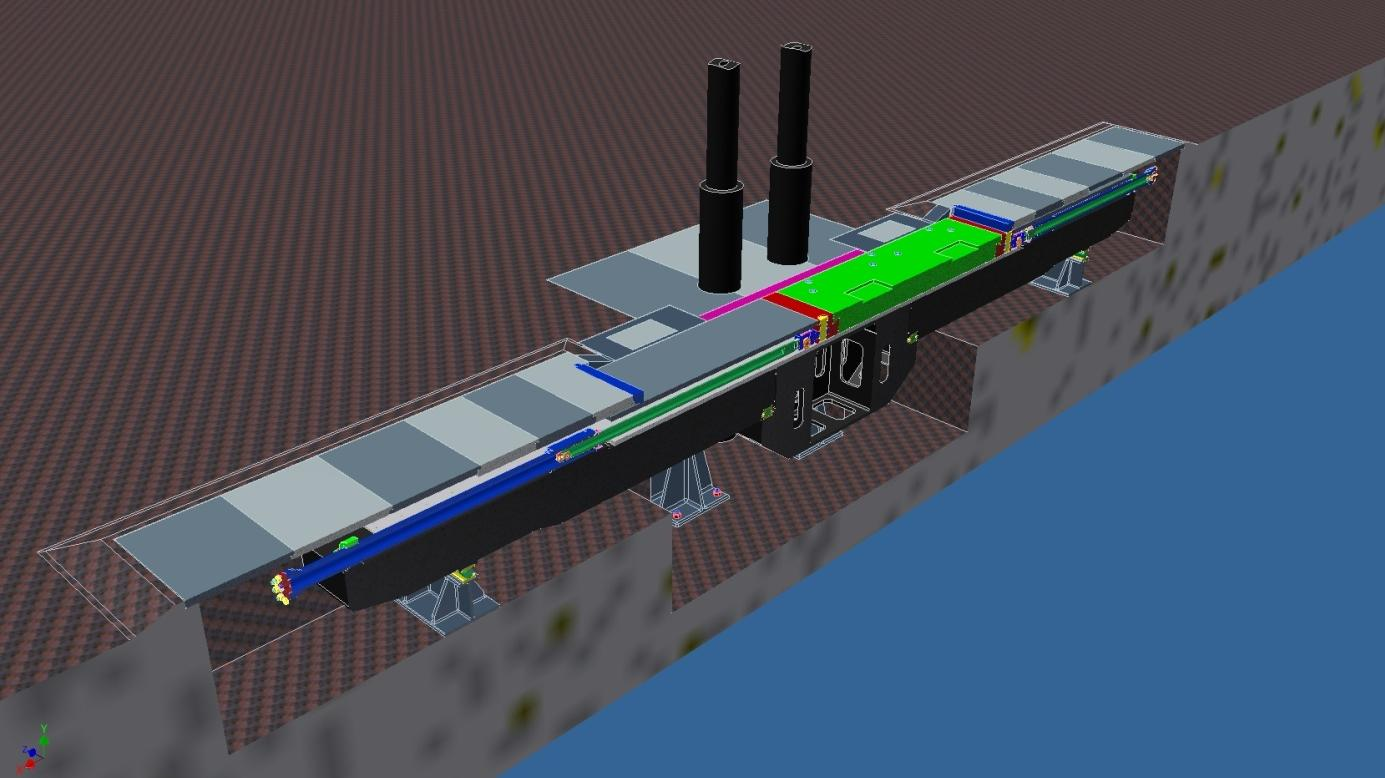 Obr. 4.2. Řez sestavou hydraulického lisu ve výrobní hale Na obr. 4.1. je znázorněn prostorový model hydraulického lisu, který je zabudován do podlahy výrobní haly.