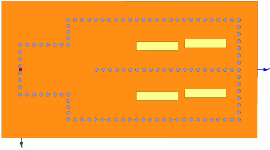 Model anténní řady 2x2 se SIW je i s jejími geometrickými rozměry zobrazen na Obr. 72. Anténní řada 2x2 je se svými rozměry kompaktnější oproti anténní řadě 2x1 řešené v kapitole 4.