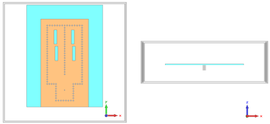 Obr. 92 Model anténní řady 2x2 s boxem v CST Po úspěšném ověření výsledků simulace programem CST MWS byla anténní řada 2x2 se SIW vyrobena, umístněna do zakoupeného boxu GentleBox JE - 200 a změřen