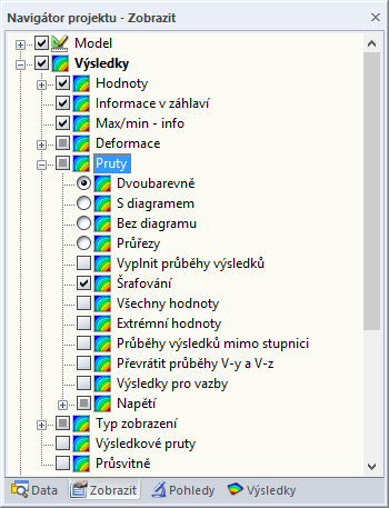 6 Vyhodnocení výsledků 6 Konkrétní návrhový případ lze vybrat ze seznamu případů v panelu nástrojů RFEMu. Zobrazení výsledků lze nastavit také z navigátoru Zobrazit v položce Výsledky Pruty.