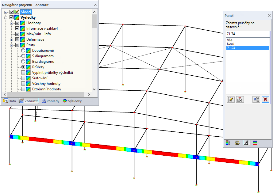 6 Vyhodnocení výsledků 6 Filtrování prutů Pokud si přejeme zobrazit v grafickém okně výsledky pouze u některých prutů, můžeme v záložce Filtr řídicího panelu zadat jejich čísla.