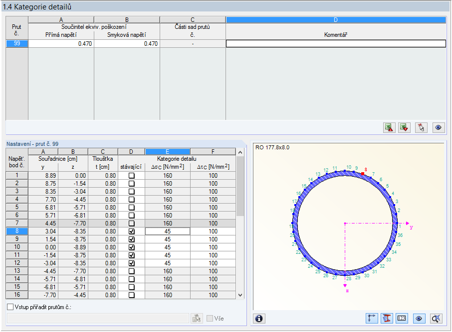 9 Příklad: Trubkový příhradový nosník 9 9.2 Posouzení v modulu RF-STEEL Fatigue Members 9.2.1 Zadání kategorie detailu V souladu se znázorněním porušení detailu kategorie 45 v [1], tab. 8.