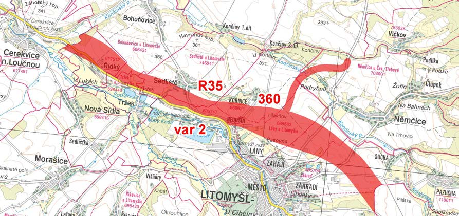 lenost křižovatek je cca 4,4 km. Koridor R35 v této variantě obchází severně obec Sedliště a místní část Kornice, která je součástí města Litomyšl (dále jen sídlo Kornice).