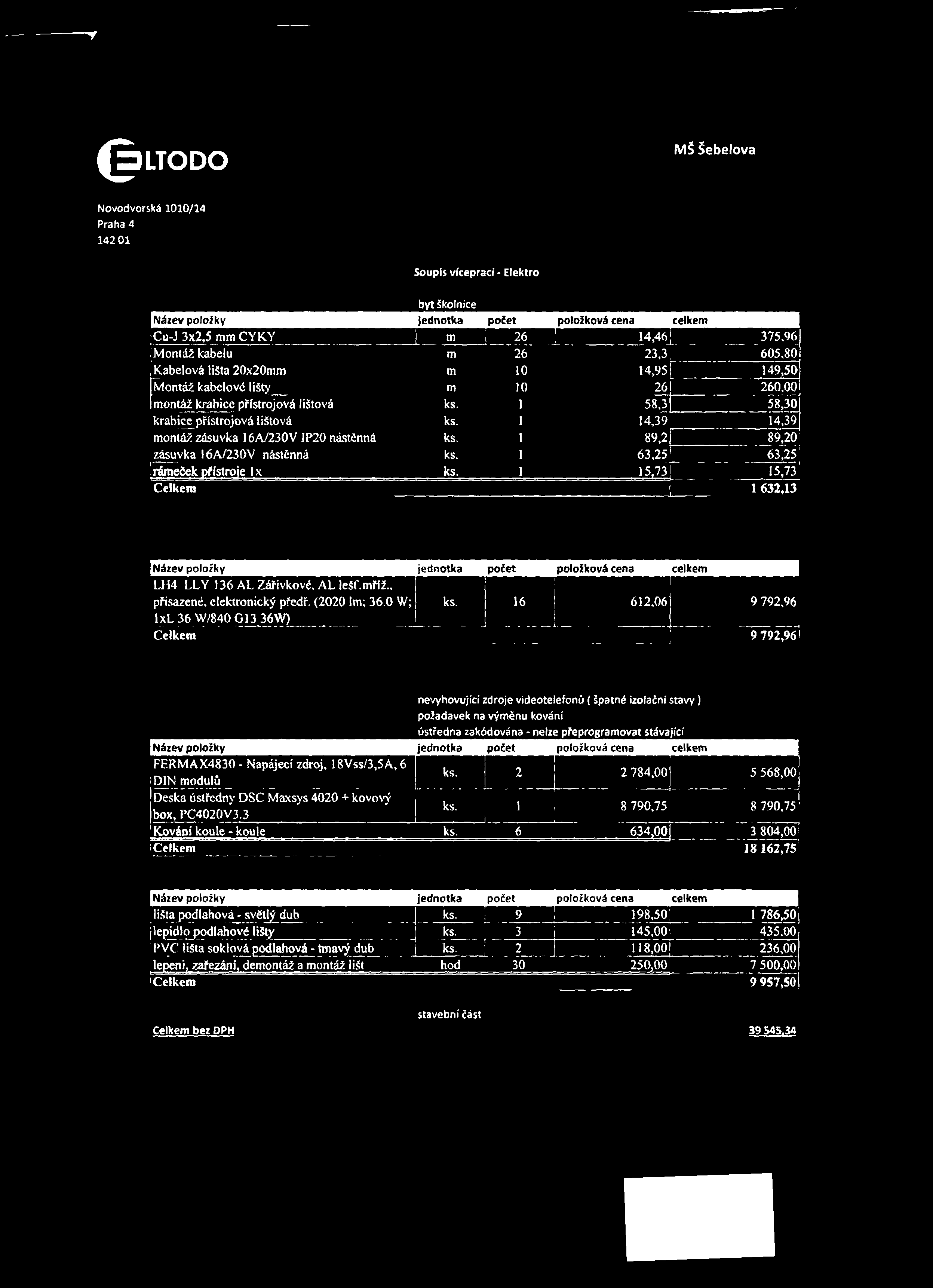 20 zásuvka I6A/230V nástčnná rámeček přístroje Ix ks. ks. I 1 63,25 15,73 63,25 15,73 Celkem 1 632,13 LH4 LLY 136 AL Zářivkové. ALieSr.mřiž., přisazené, elektronicky předř. (2020!m; 36.