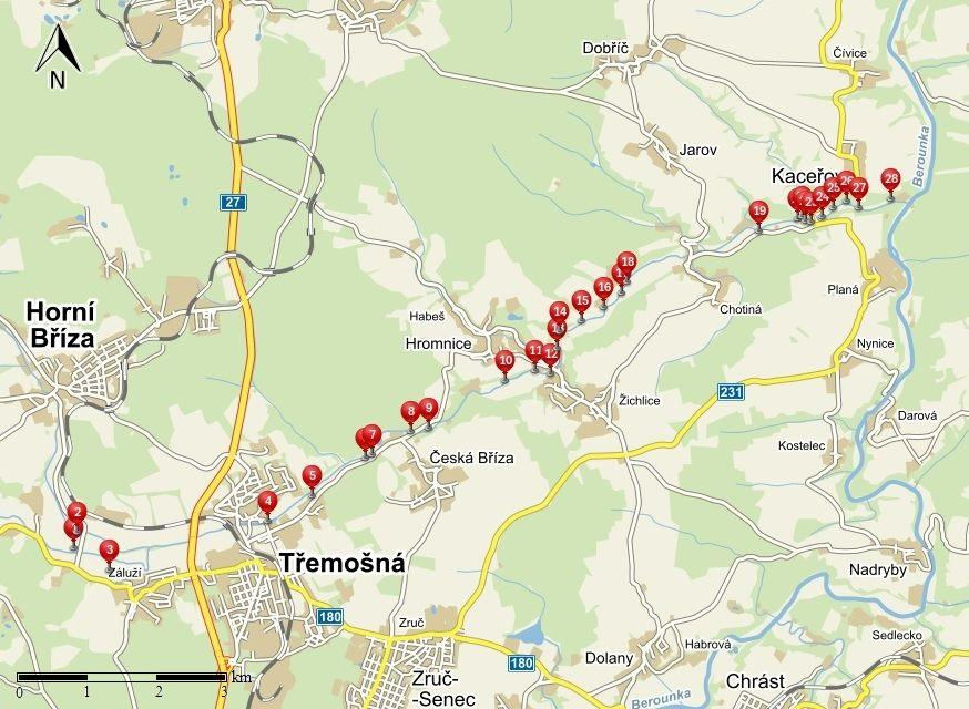 5.2 Přehled lokalit a zjištěných druhů Zkoumané lokality se nacházejí na dolním toku potoka Třemošná na území cca 14 km mezi obcí Ledce a soutokem potoku Třemošná s Berounkou.