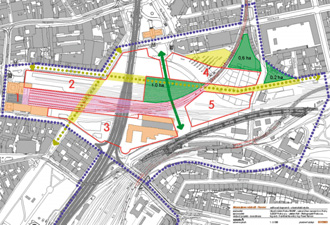 Role drážních ploch v organismu města Masarykovo nádraží Florenc / František Novotný Schéma ploch Návrh ve všech variantách doporučuje funkční využití uvolněných území pro smíšené plochy městského