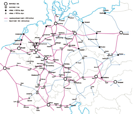 Proti proudu, aneb staré koncepce v nových souvislostech / Milan Körner V následujících schématech jsou zobrazeny: Možný stav vysokorychlostní dopravy v zemích střední Evropy (okolo r.