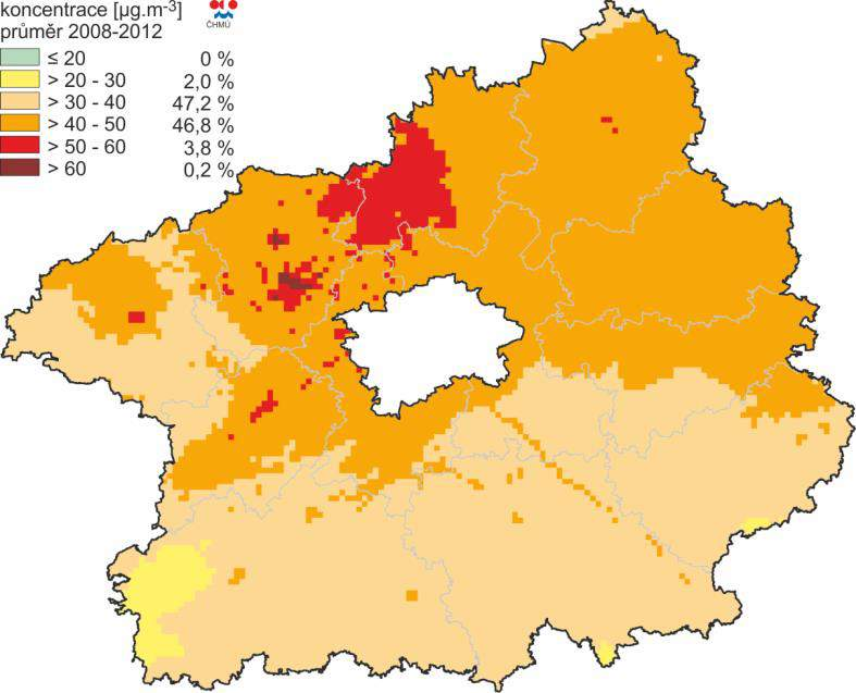 Obrázek 209 Nejvyšší 24hodinové koncentrace PM10, zóna CZ02 Střední Čechy, pětiletý průměr za roky 2008 2012 (zdroj dat: ČHMÚ) Benzo(a)pyren Prostorové rozložení průměrné roční koncentrace