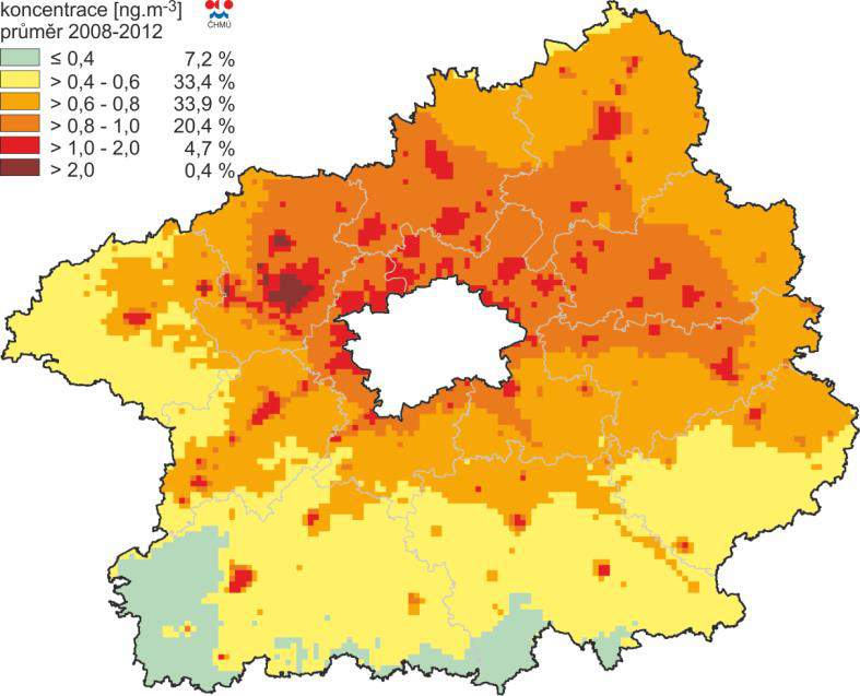 Obrázek 210 Pole průměrné roční koncentrace B(a)P, zóna CZ02 Střední Čechy, pětiletý průměr za roky 2008 2012 (zdroj dat: ČHMÚ) Oxid dusičitý Pro koncentrace oxidů dusíku je velmi důležité, je-li