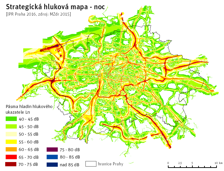 Obrázek 231 Strategická hluková mapa (noc) Dalším výstupem z Akčního plánu snižování hluku aglomerace Praha 2008 bylo vymezení tzv. oblastí ticha.