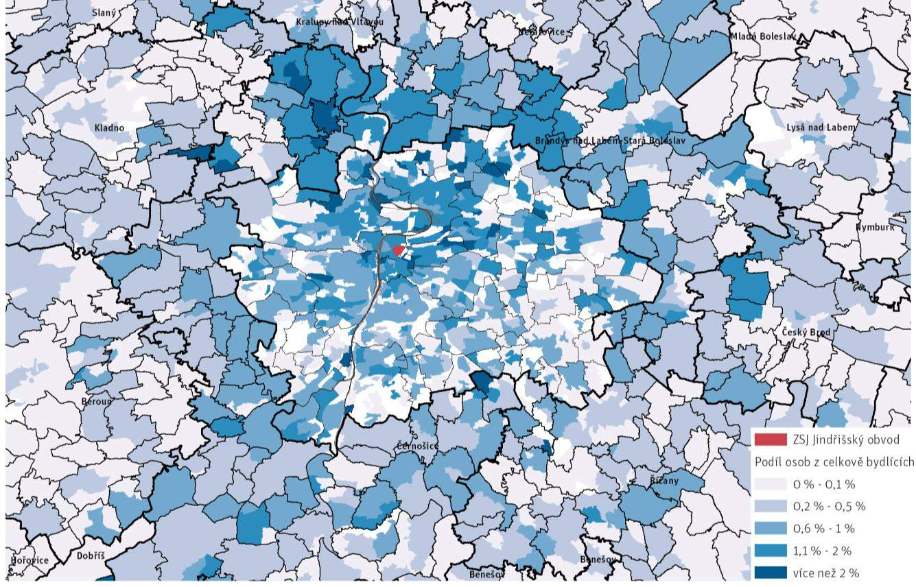 Obrázek 261 Podíl osob vyjíždějících za prací do ZSJ Jindřišský obvod (zdroj: IPR Praha 2015 na základě dat