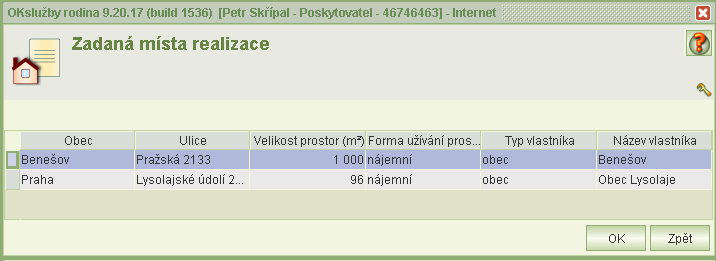 Jestliže je aktivita realizována v místě, které jste již zadali u jiné aktivity téhož nebo jiného projektu, aplikace nabídne seznam těchto adres k převzetí.