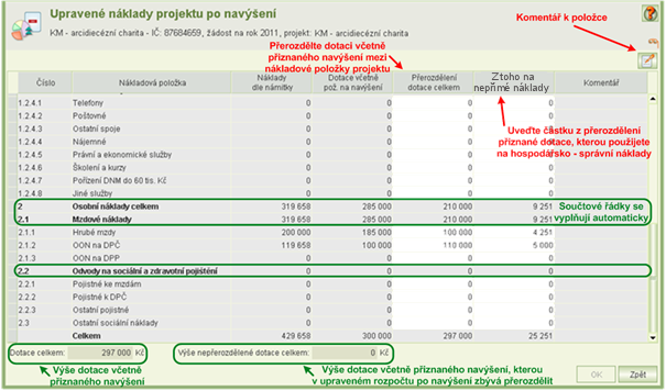 4 Podání/vzetí zpět upraveného rozpočtu po navýšení Po zmáčknutí tlačítka Podání na formuláři Upravený rozpočet projektu po navýšení se otevře formulář Podání upraveného rozpočtu projektu po navýšení.