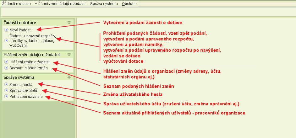 5 Menu aplikace kde co najdete Po přihlášení do aplikace se otevře obrazovka, která obsahuje v horní i levé části hlavní menu pro práci s aplikací.