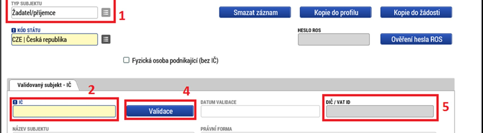 Tímto proklikem se mu do této záložky načtou data týkající se základních informací o žadateli včetně statutárních orgánů.