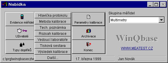 MEATEST WinQbase 2.3 Parametry kalibrace Funkce umožňuje nastavení číselníků pro kalibrační listy. Číselníky jsou společné pro všechny skupiny měřidel.