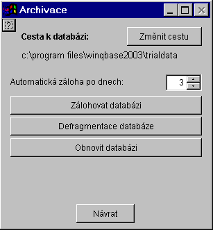 WinQbase MEATEST 2.6 Archivace Funkce je přístupná pouze uživatelům s nejvyšším oprávněním (stupeň 7 viz kapitola 2.4). Umožňuje obnovu, případně zálohování dat spravovaných programem WinQbase.