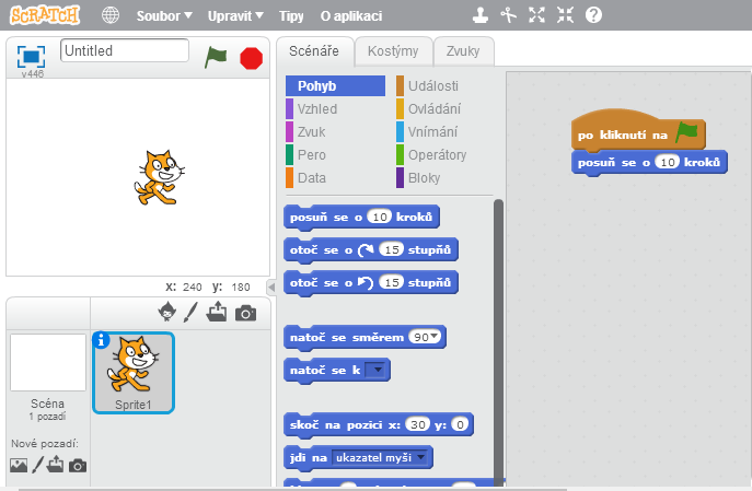 Obr. 3 Nástroj Scratch (zdroj: vlastní) Již podle obrázku je zřejmé, že ovládání aplikace je velmi jednoduché a po krátkém úvodu jej zvládne i začátečník.