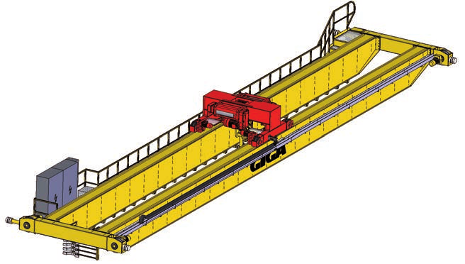 Dvounosníkové mostové jeřáby Dvounosníkové mostové jeřáby GIGA dodáváme s rozpětím až 50m Jsou k dispozici v provedení s válcovanými nosníky nebo se svařovanými skříňovými nosníky.